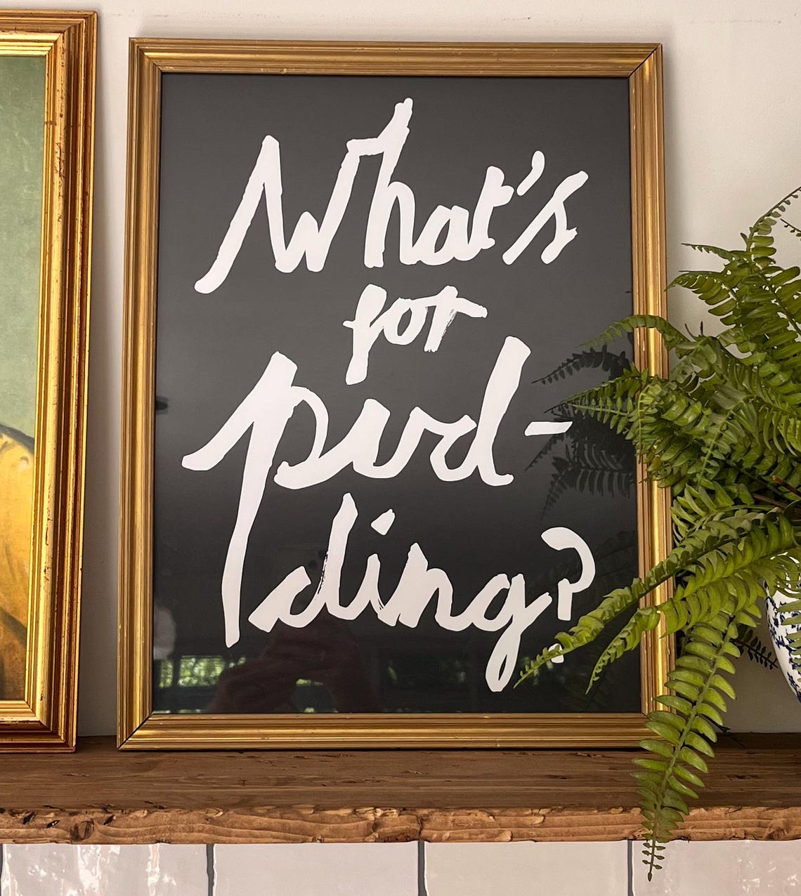 Whats For Pudding White Script Charcoal Gold Frame Kitchen Poster