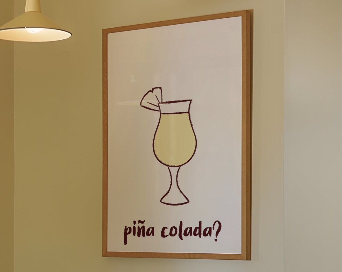Pina Colada Tropical Cocktail Hurricane Glass Line Art Bar Poster