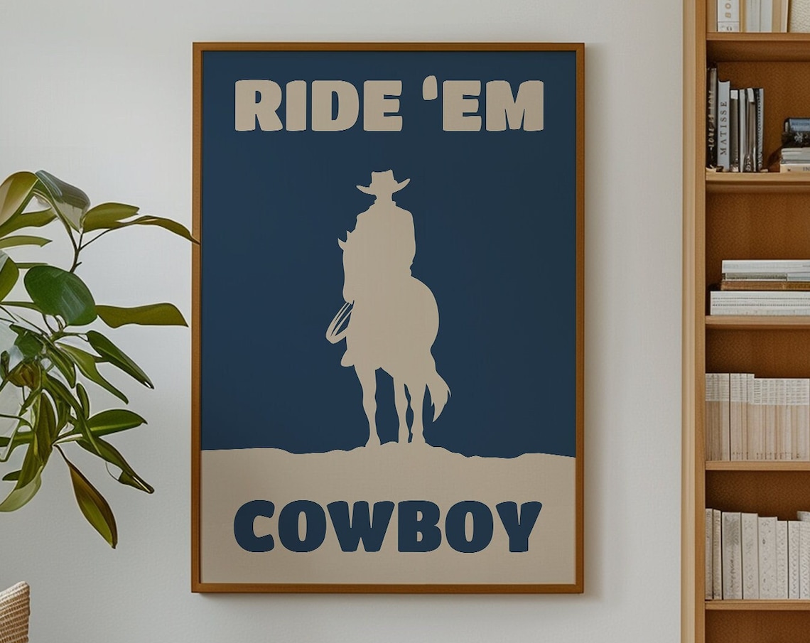 Ride Em Cowboy Lone Rider Silhouette Navy Vintage Western Art Poster