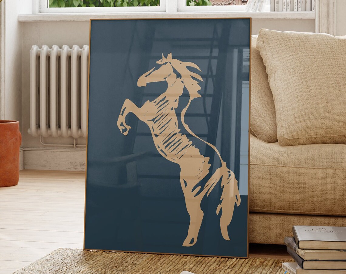 Rearing Horse Sketch Tan Line Art Navy Background Western Poster