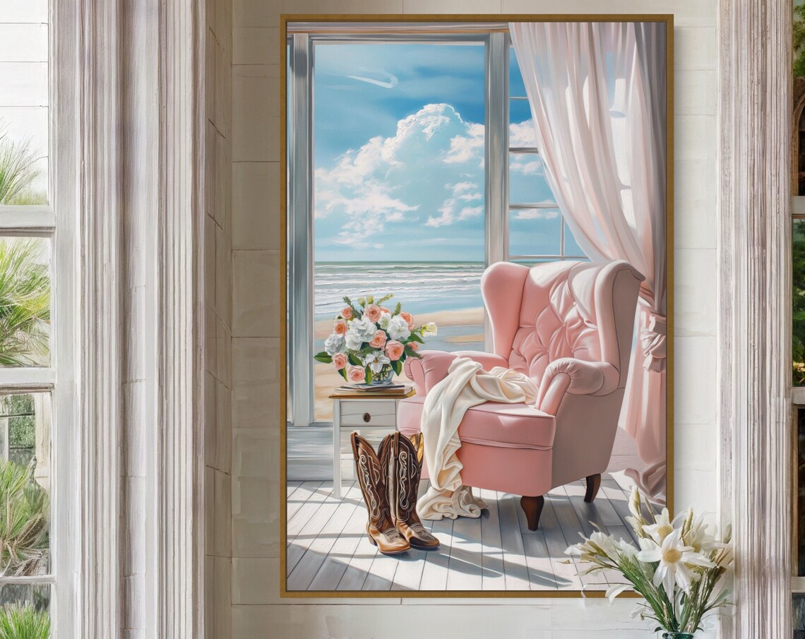 Coastal Cowgirl Reading Nook Pink Chair Ocean View Window Wall Art
