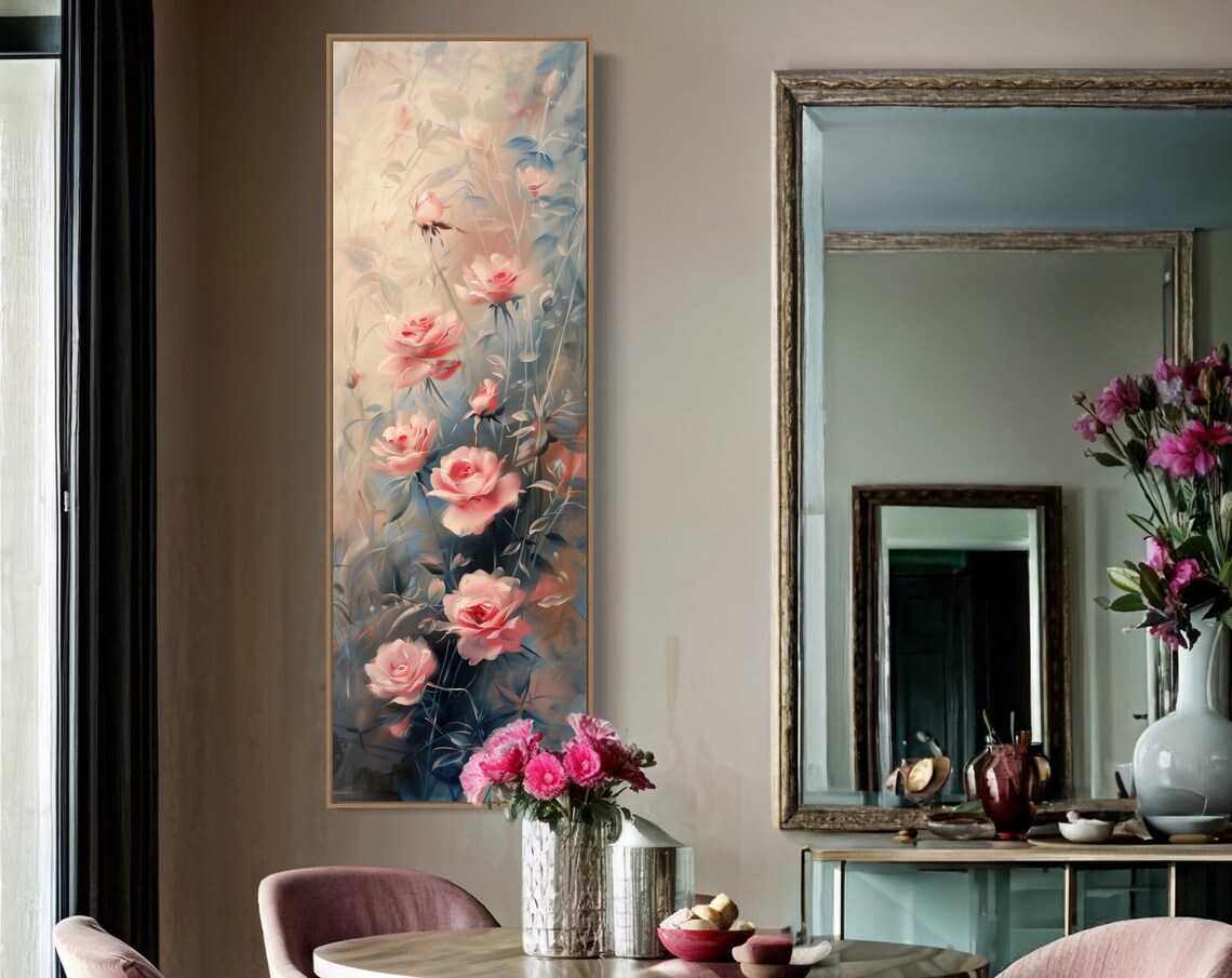 Pink Roses Abstract Floral Painting Vertical Narrow Wall Art Print