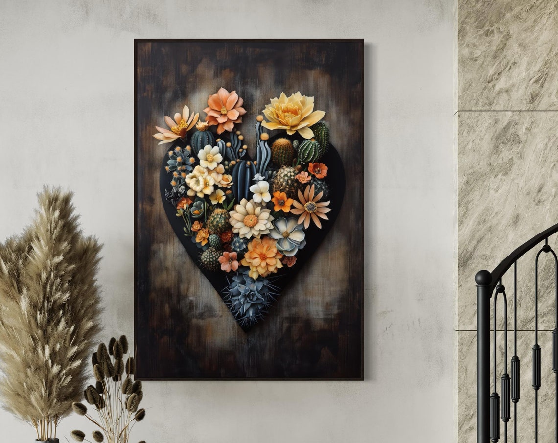 Blooming Cactus Heart Flower Romantic Botanical Surreal Art Print