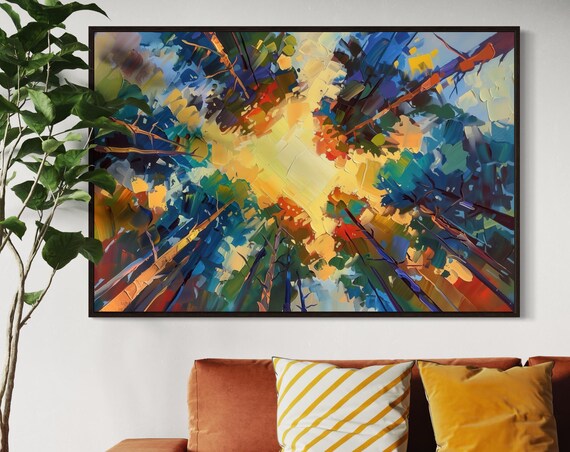 Whimsical Treetops Bright Abstract Nature Art With Sunlight Colorful Tree Canopy For Uplifting Home Decore Summer Forest Print
