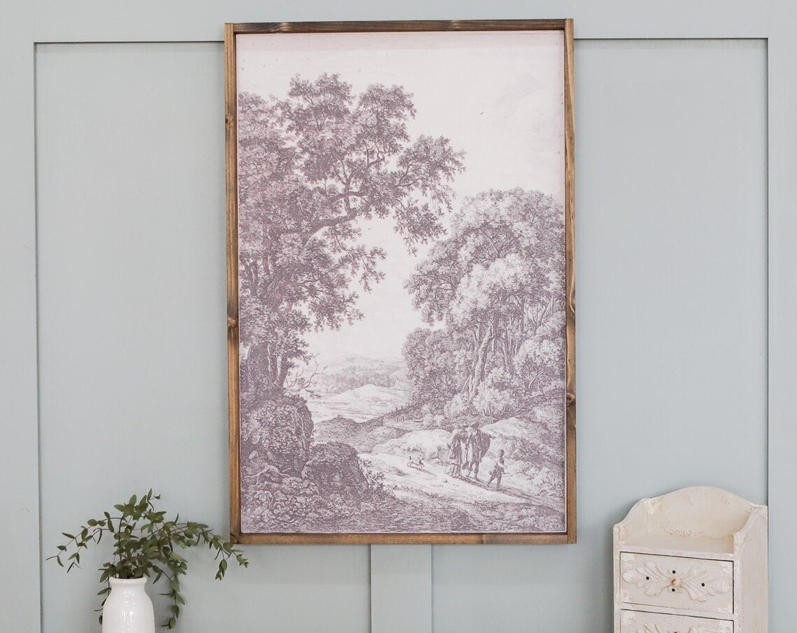 Vintage Sepia Countryside Landscape Trees Travelers Etching Poster
