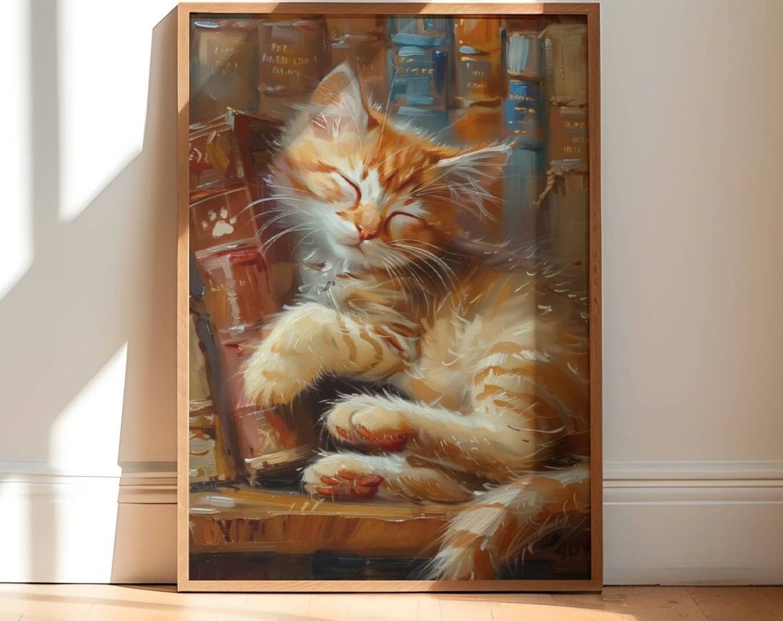 Ginger Kitten Sleeping Among Library Books Oil Painting Poster