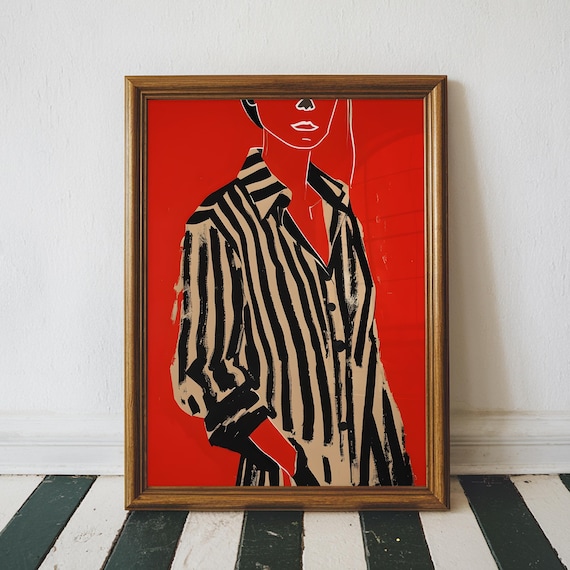 Bold Striped Shirt Woman Red Background Pop Fashion Art Poster