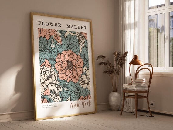 New York Flower Market Pink Peonies Teal Botanical Art Poster