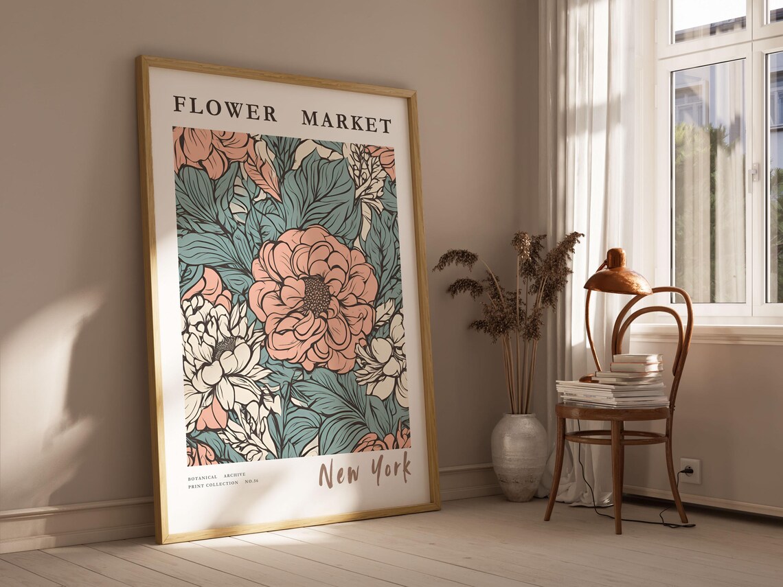 New York Flower Market Pink Peonies Teal Botanical Art Poster