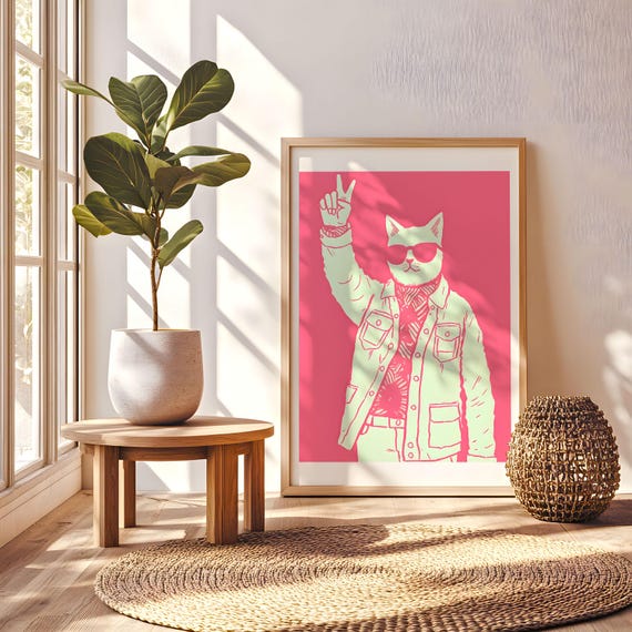 Cat Wall Art Poster On Bike Print Cute Animal Illustration Decor Home A2