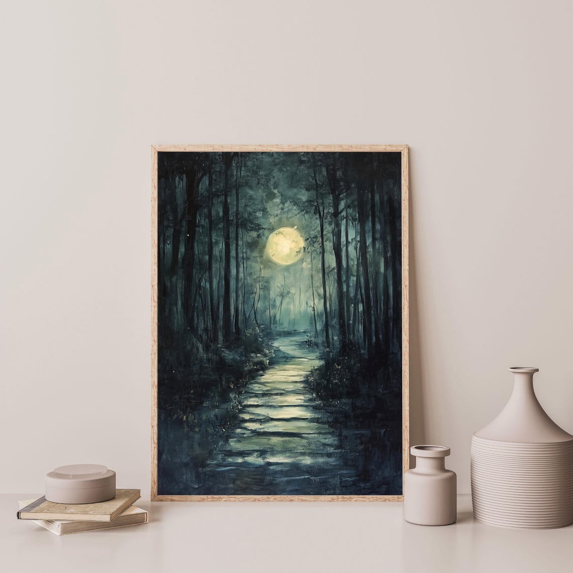 Moonlit Forest Path Full Moon Misty Dark Woods Night Painting Poster - Image 3