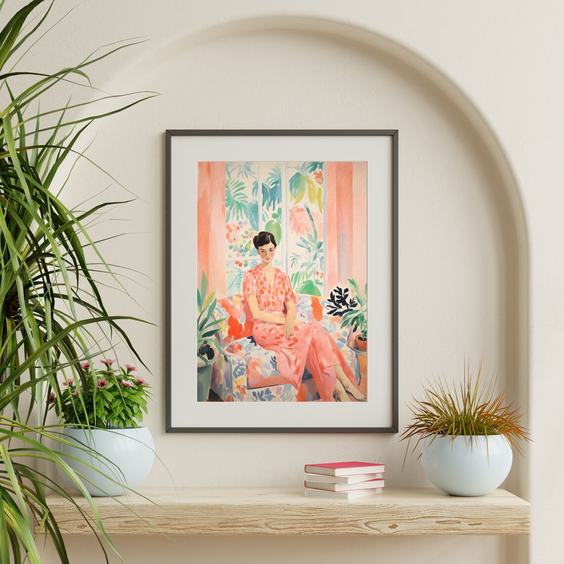 Woman Floral Sofa Tropical Window Matisse Style Pink Dress Wall Art Print - Image 2