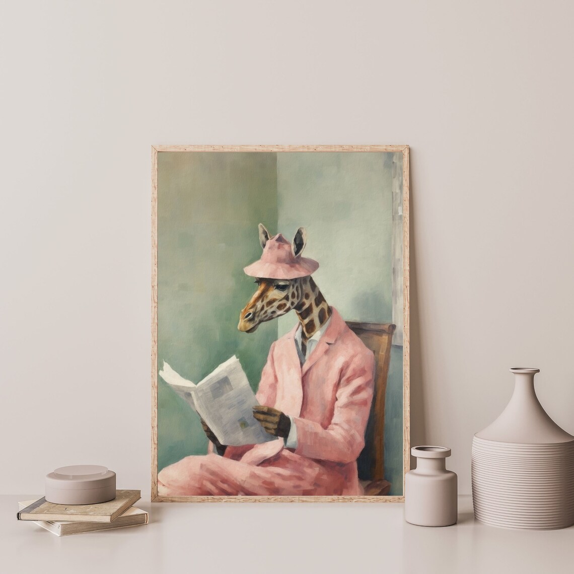 Reading Giraffe Vintage Retro Animal Art Print - Image 3