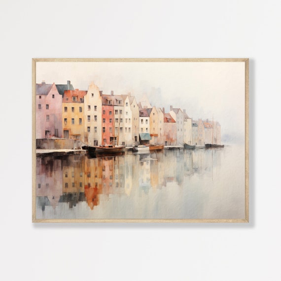 River Village Print Minimalist Oil Painting Vintage Home Decor Neutral Wall Art Antique Eclectic Artwork P 751