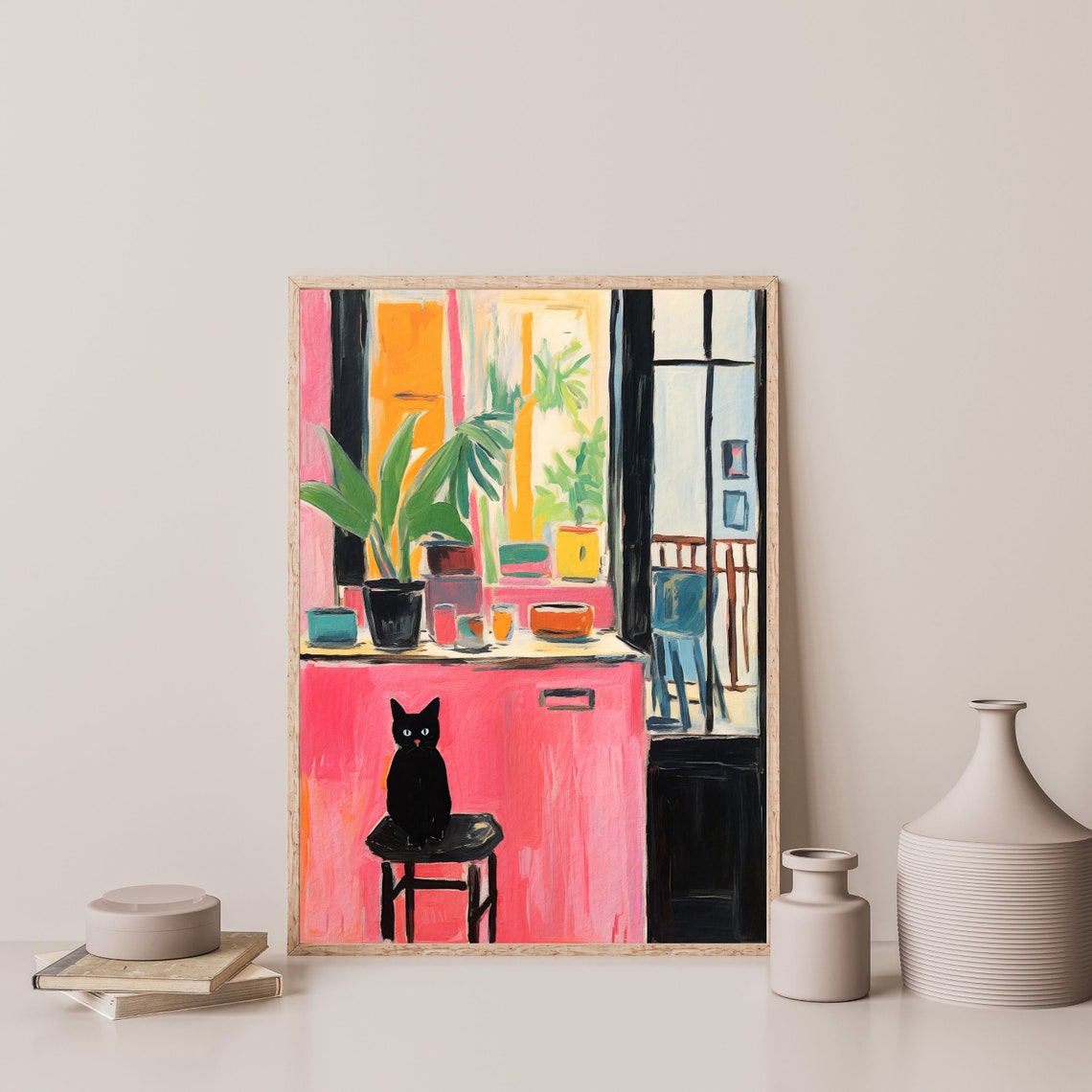 Matisse Style Black Cat Kitchen Still Life Pink Orange Art Poster - Image 3