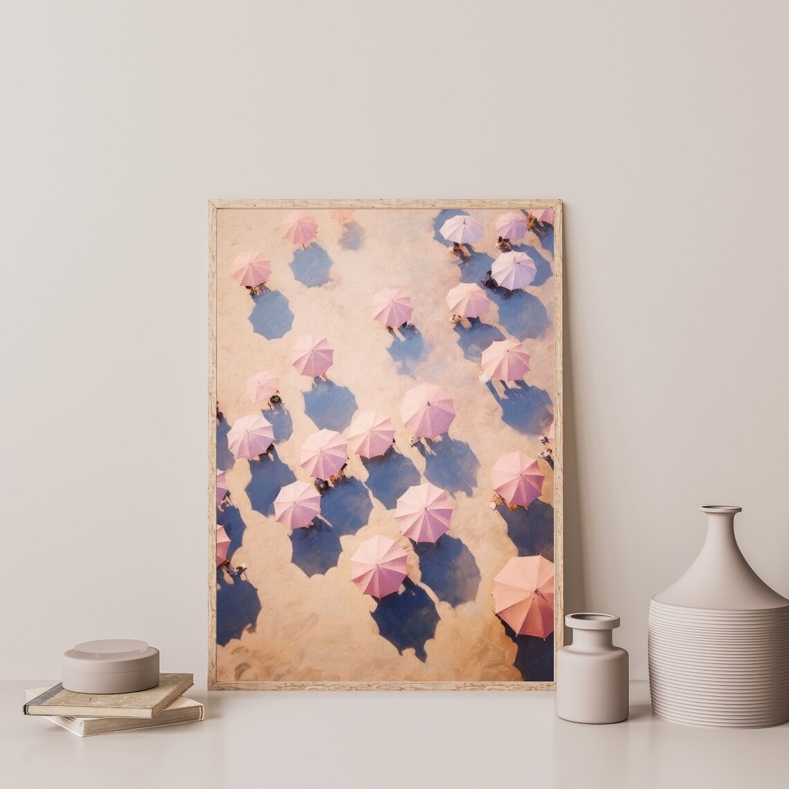 Beach Umbrellas, Retro Pastel Pink Coastal Art Print - Image 3