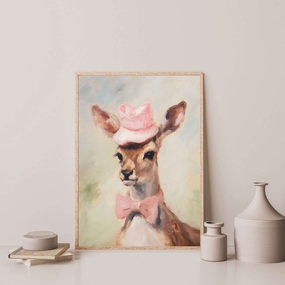 Deer In Pink Bow Hat And Bow Tie Funny Animal Portrait Wall Art - Image 3