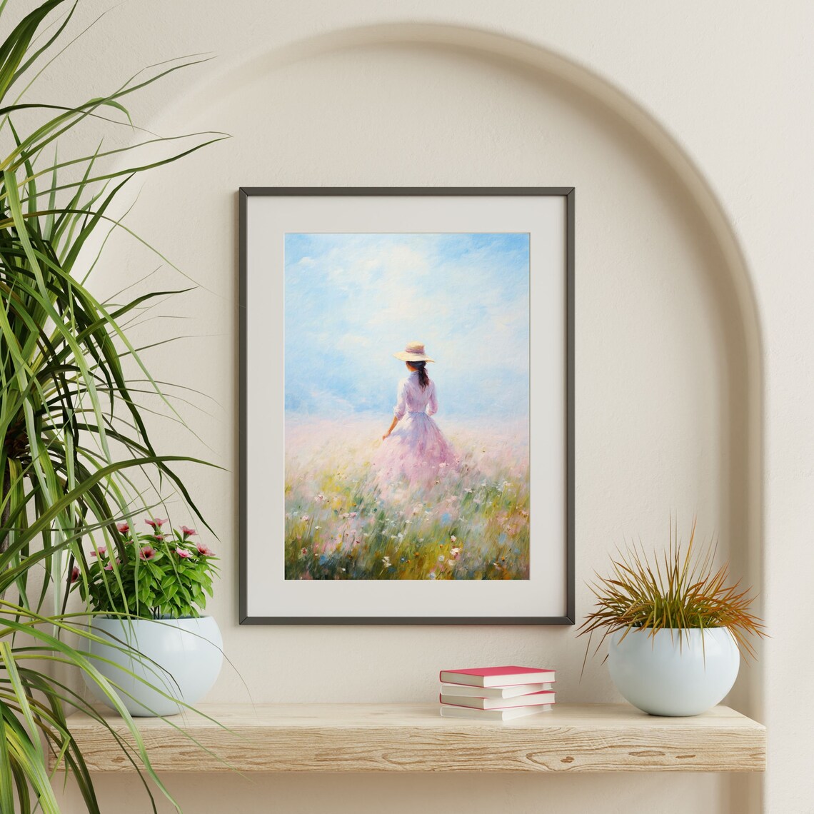 Woman Wildflower Meadow Lavender Dress Straw Hat Painting Poster - Image 2