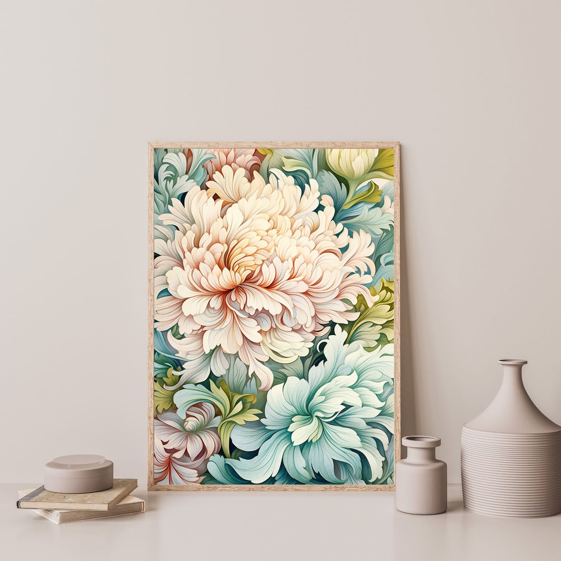 Cream Chrysanthemum Blooms Teal Background Vintage Botanical Print - Image 3