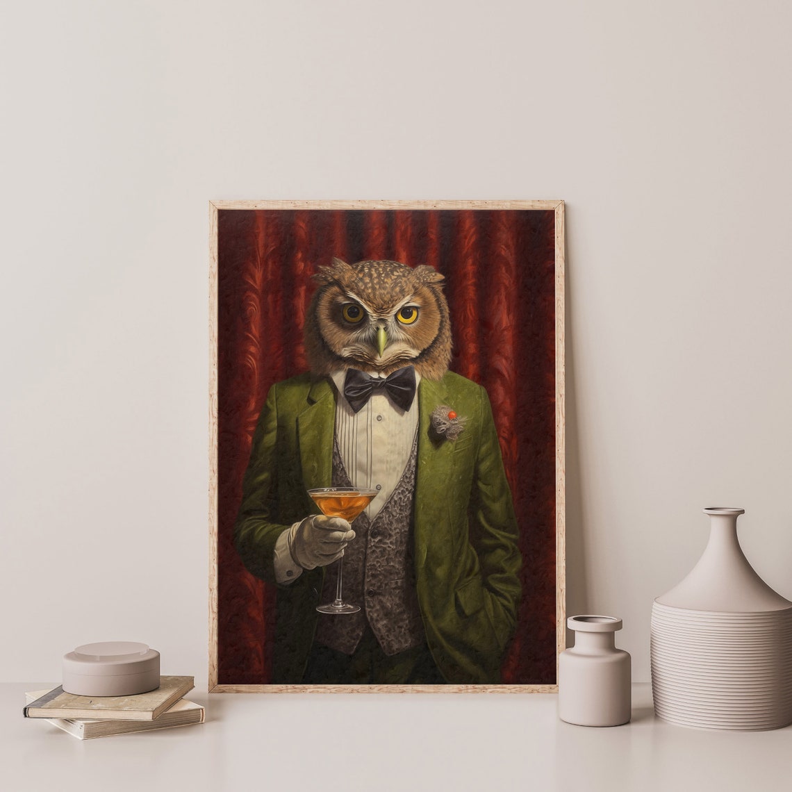 Owl in a Green Tuxedo Holding a Cocktail Whimsical Bar Decor Poster - Image 3