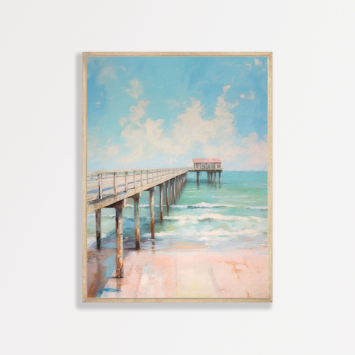 Retro Coastal Pier Painting Beach Landscape Art Print