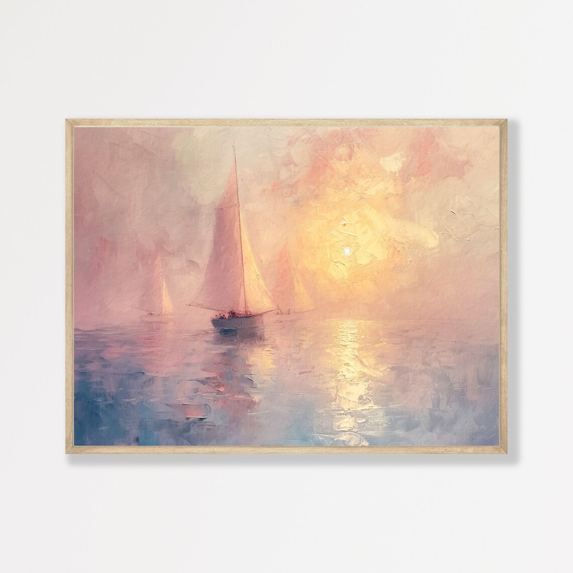 Pastel Sailboat Seascape, Retro Coastal Art Print