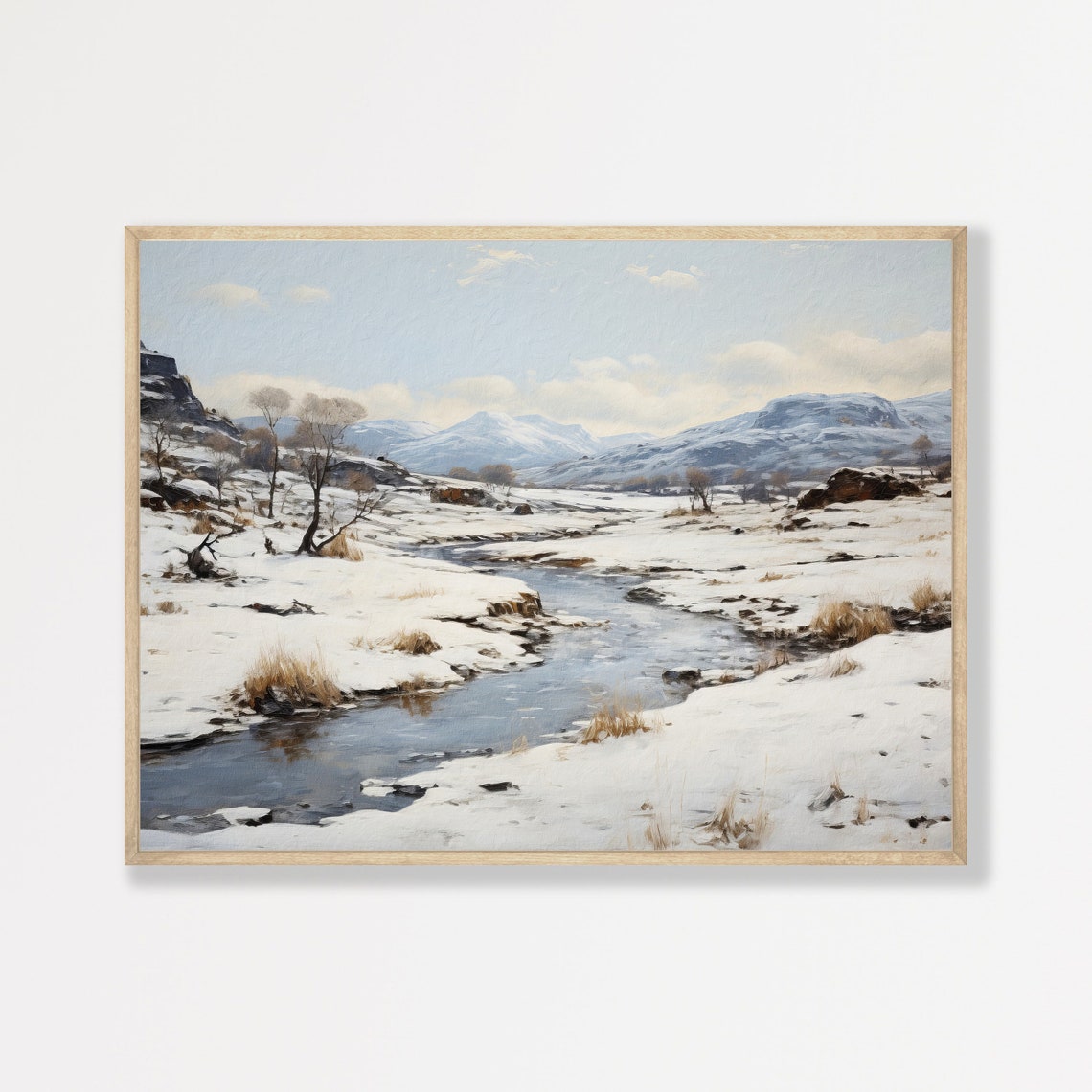 Snowy Mountain Valley with a Winding Stream Winter Landscape Poster