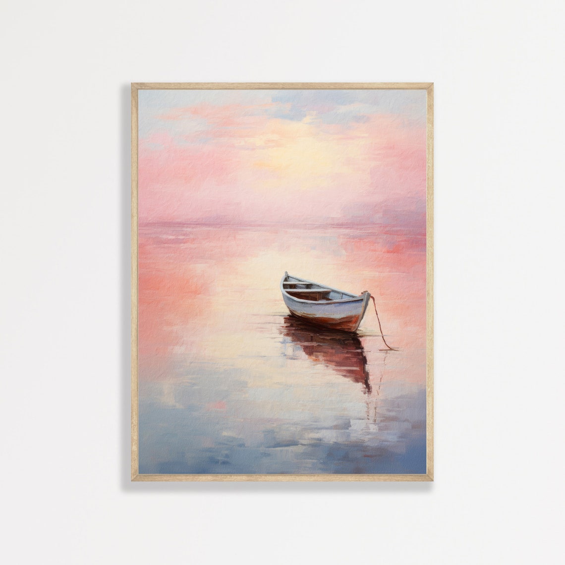 Lone Boat Pink Sunset Glassy Water Minimalist Romantic Painting Poster
