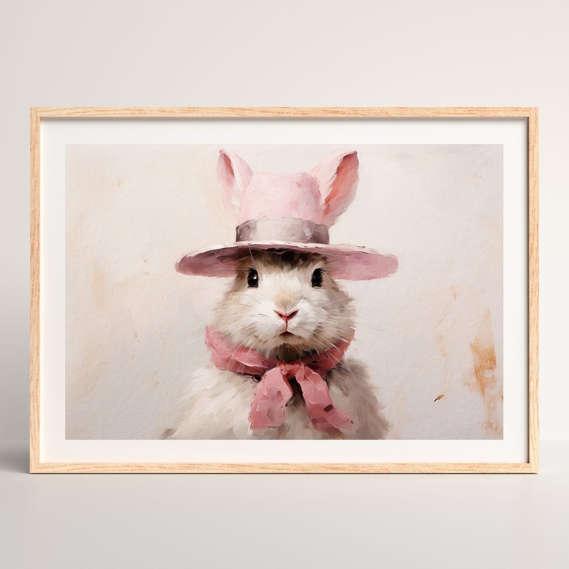 Whimsical Bunny Wearing a Pink Hat and Scarf Portrait Wall Art Print - Image 2