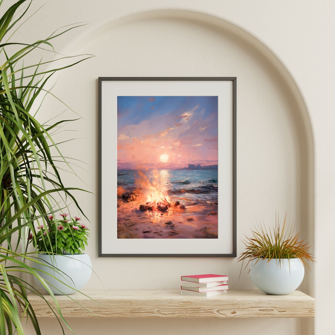 Beach Bonfire, Retro Coastal Landscape Art Print - Image 2