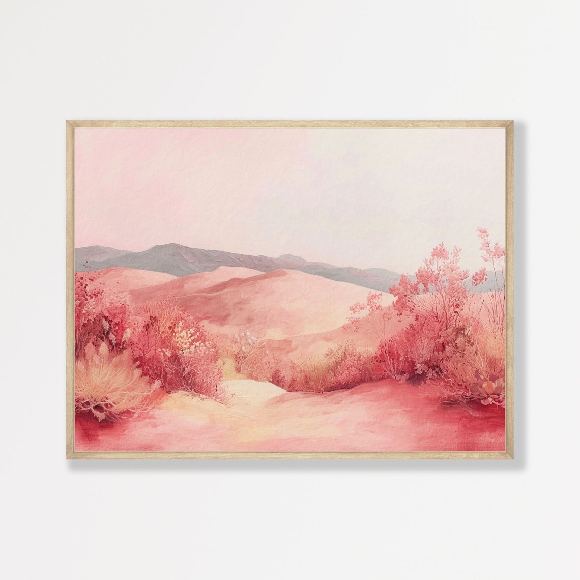 Blush Pink Mountain Desert Red Bushes Soft Pastel Landscape Poster