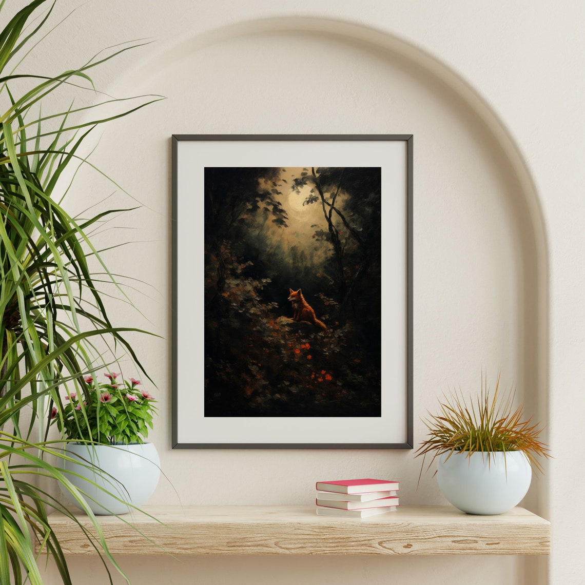 Red Fox Under Moonlight Dark Forest Vintage Wildlife Wall Art - Image 2