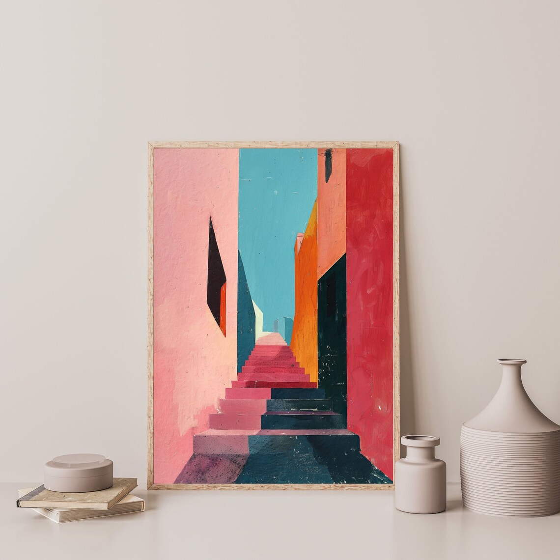 Pink Stairway Colorful Alley Coral Walls Mid Century Modern Poster - Image 3