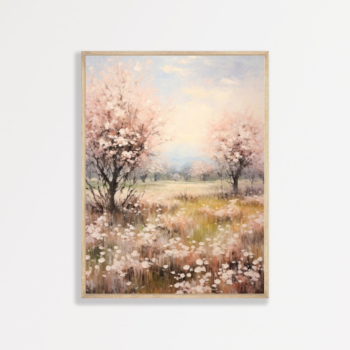 Blossoming Spring Orchard Pink Cherry Blossom Meadow Scenic Wall Art