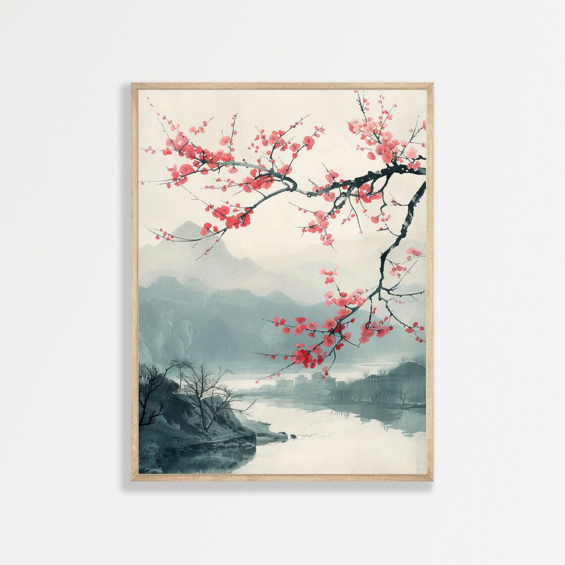 Japanese Floral Painting, Japandi Retro Art Print