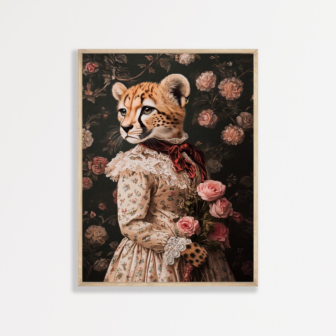 Cheetah In Victorian Floral Dress Vintage Animal Portrait Wall Art