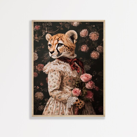 Cheetah In Victorian Floral Dress Vintage Animal Portrait Wall Art
