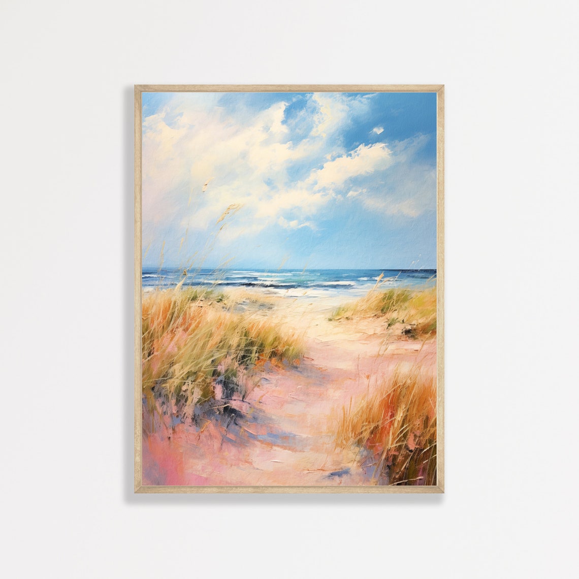 Pink Sand Dune Beach Path Golden Grass Pastel Seascape Painting Poster
