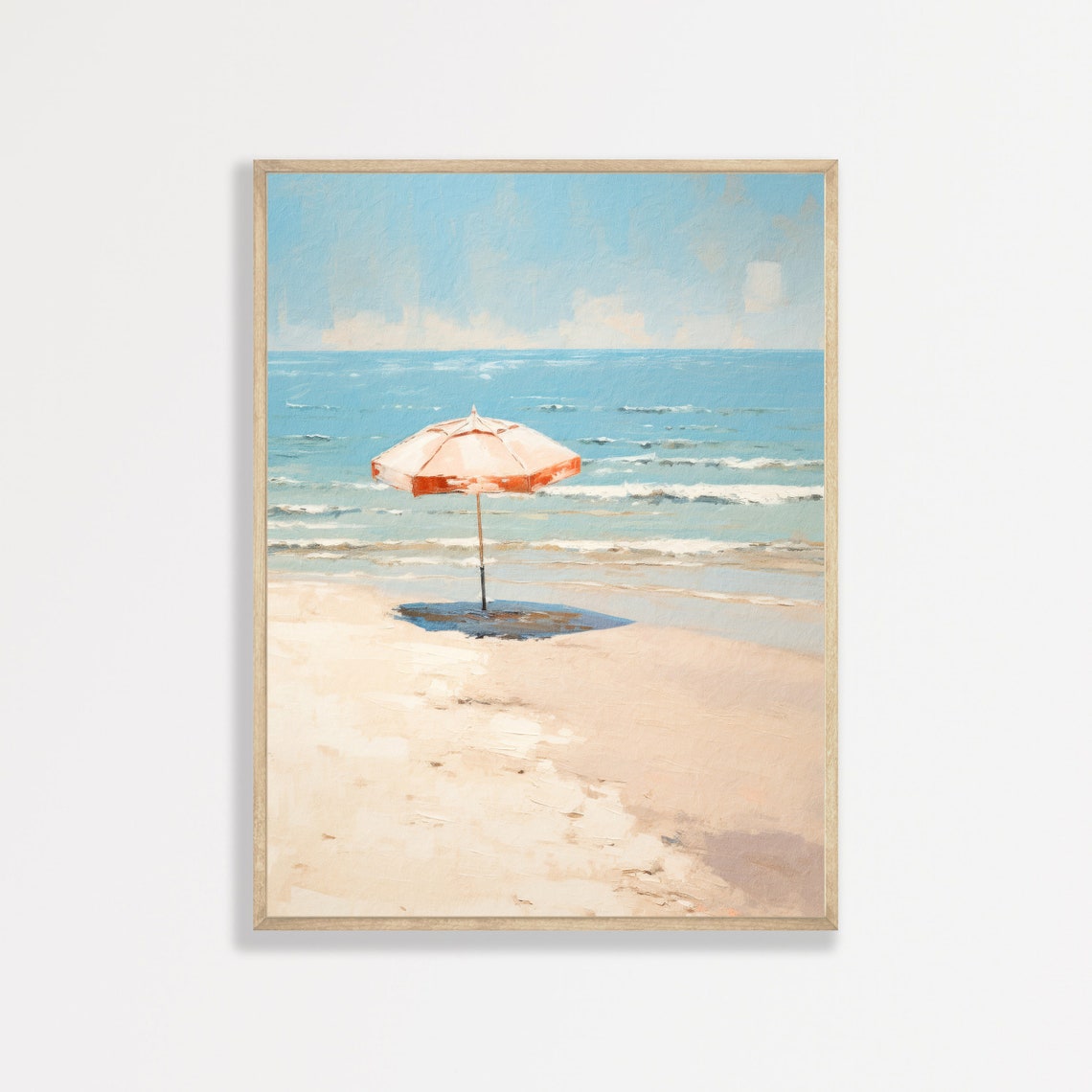 Beach Umbrella Empty Shore Blue Ocean Calm Summer Day Minimalist Print