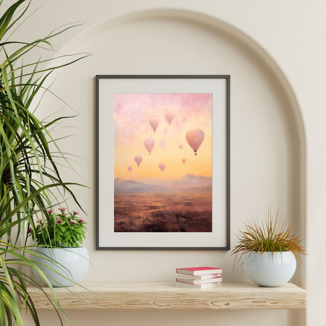 Retro Pastel Hot Air Balloon Landscape Art Print - Image 2