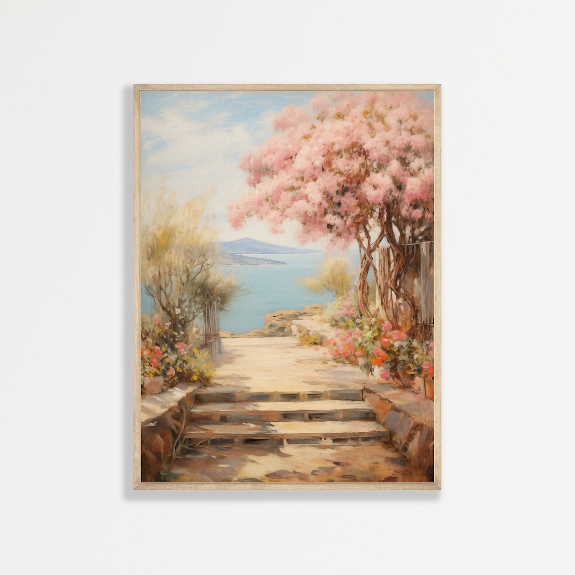 European Garden Steps to the Sea with Pink Blossom Trees Travel Poster
