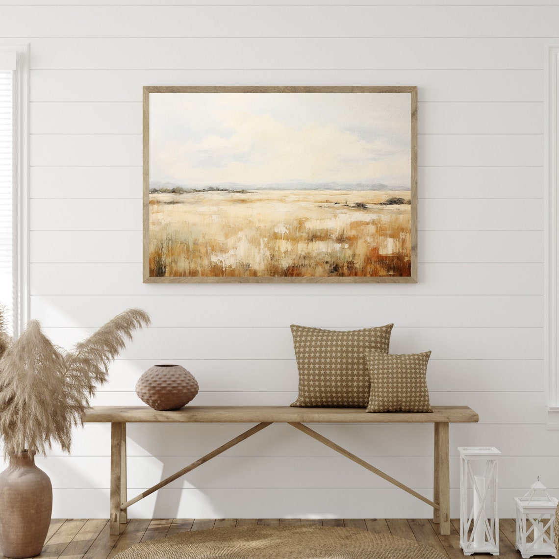 Golden Meadow Under a Pale Sky Impressionist Landscape Wall Art - Image 3