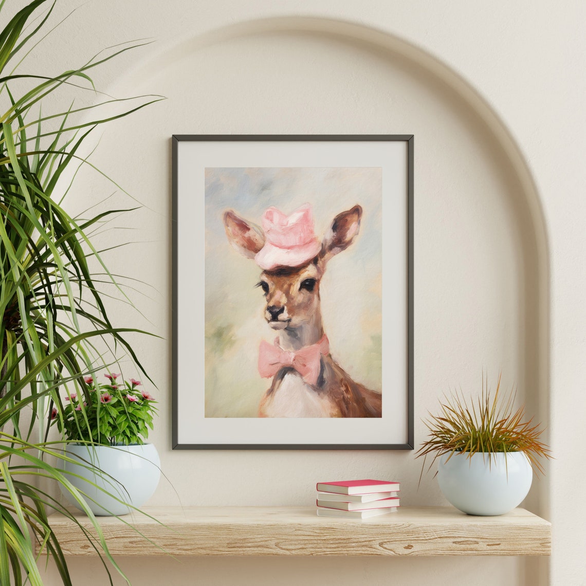 Deer In Pink Bow Hat And Bow Tie Funny Animal Portrait Wall Art - Image 2