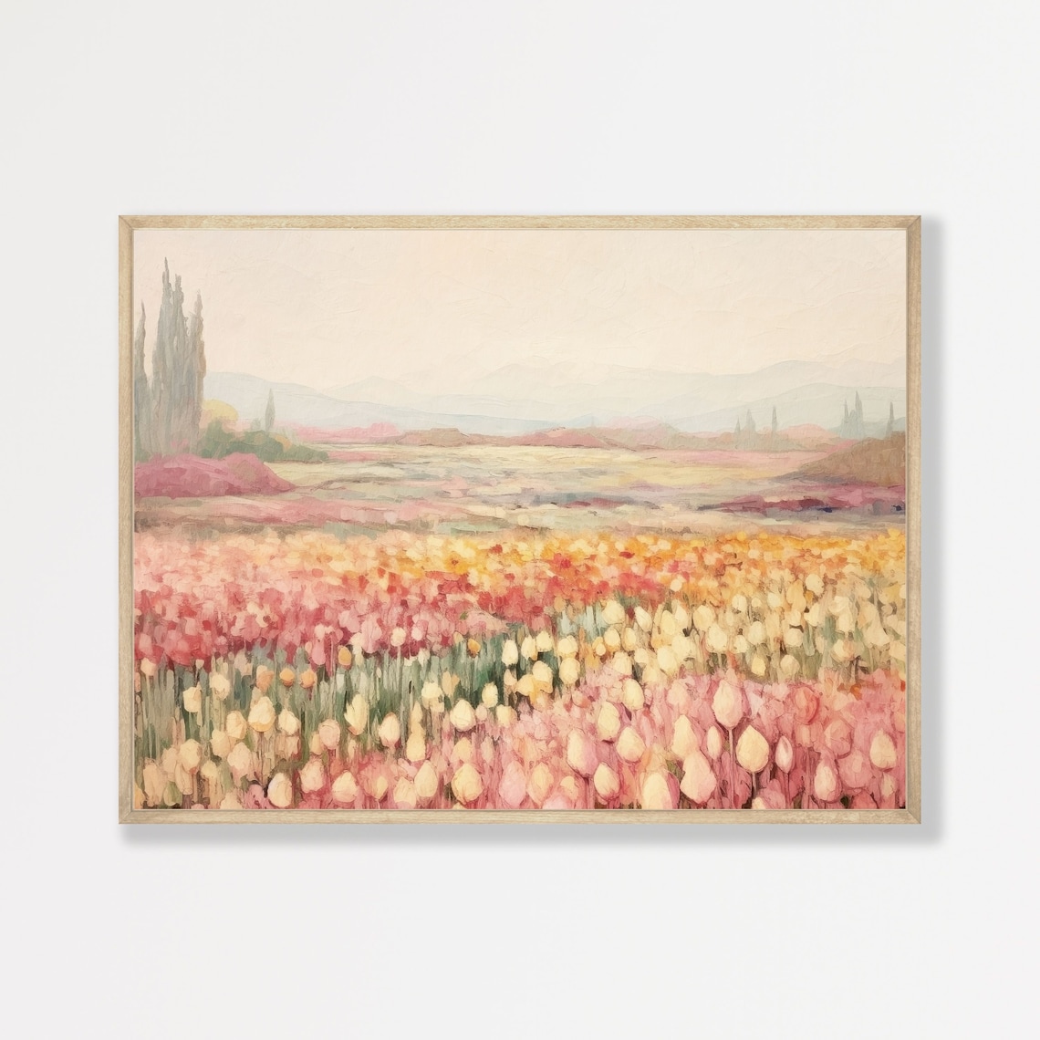 Countryside Tulip Field, Muted Pastel Landscape Art Print