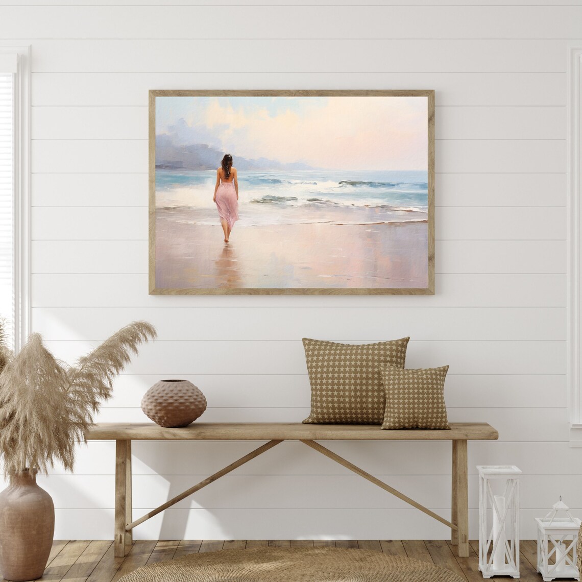 Woman Walking Beach Pink Dress Pastel Ocean Waves Painting Poster - Image 3
