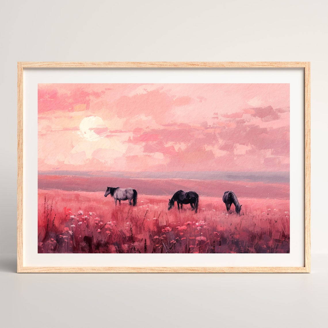 Three Horses Pink Sunset Meadow Grazing Western Wild Art Poster - Image 2