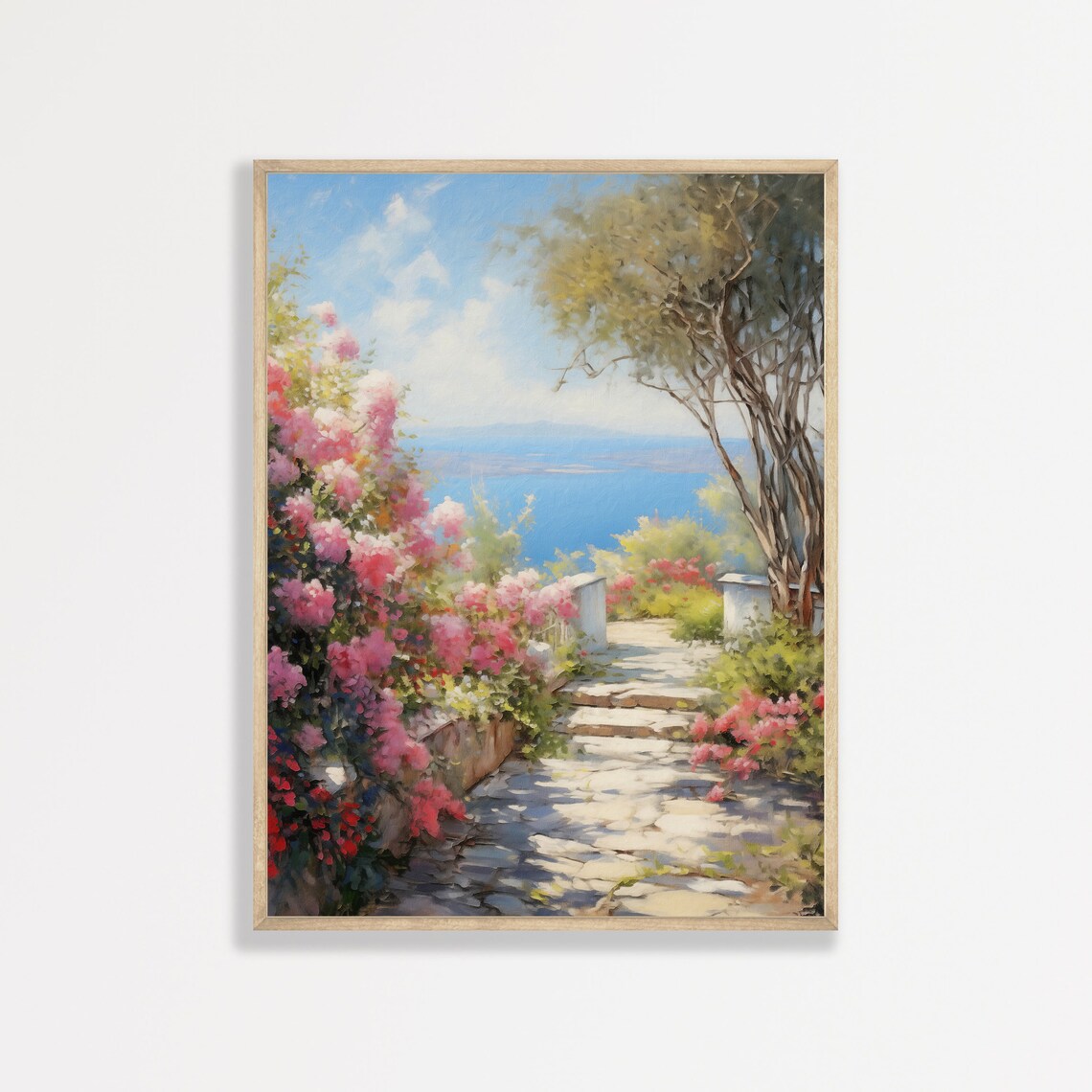 Coastal Garden Retro Italy Travel Poster, Floral Landscape