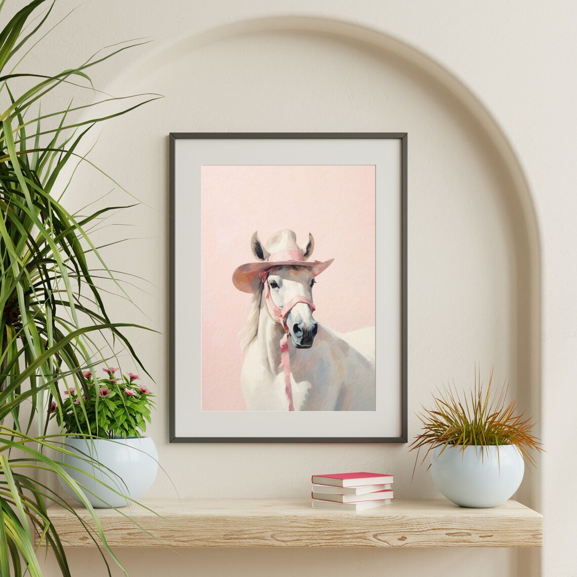 Retro Horse, Western Cowgirl Pastel Pink Art Print - Image 2