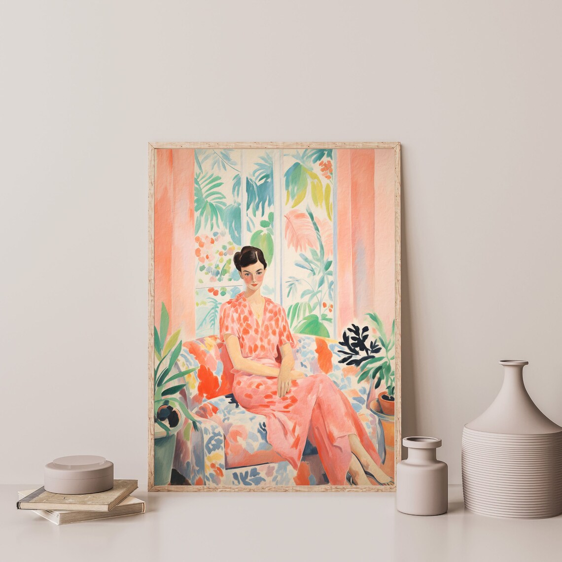 Woman Floral Sofa Tropical Window Matisse Style Pink Dress Wall Art Print - Image 3