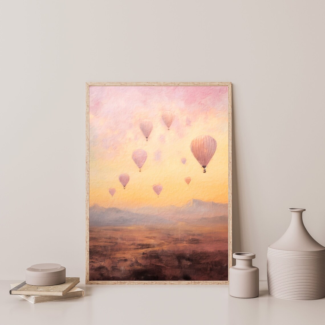 Retro Pastel Hot Air Balloon Landscape Art Print - Image 3